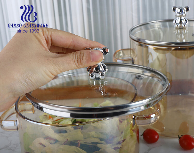 China High borosilicate heat-resistant glass amber ion-plating cooking pot  with handle design