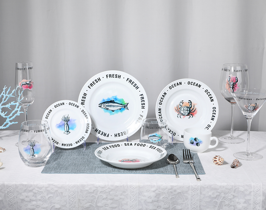 Ensemble de dîner en verre opale 16 pièces avec assiettes et tasses à décalcomanie OEM, verrerie opale blanche