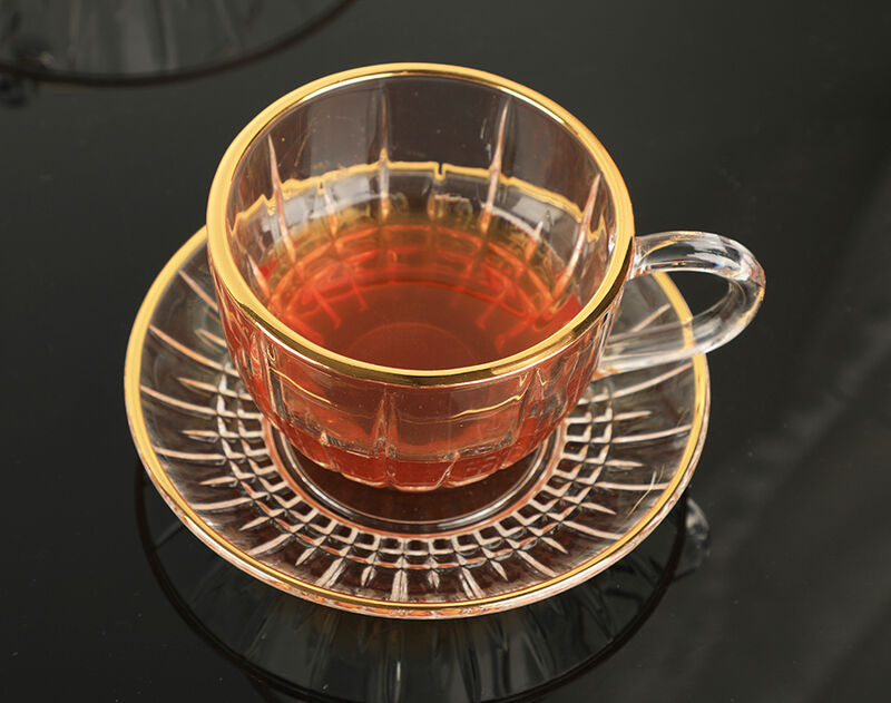 Machine-made high-quality glass coffee cup and saucer set with gold printing