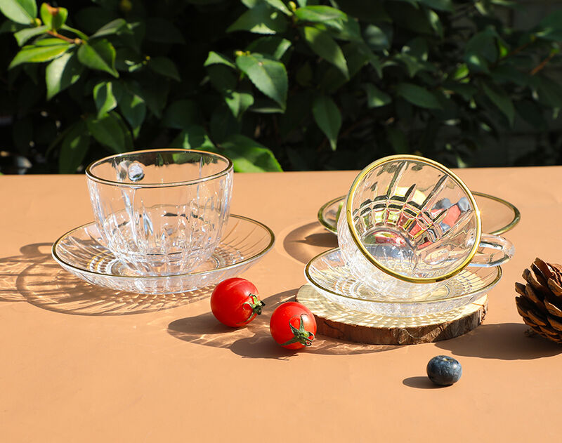 Machine-made high-quality glass coffee cup and saucer set with gold printing