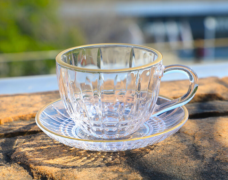 Machine-made high-quality glass coffee cup and saucer set with gold printing