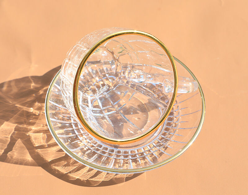 Machine-made high-quality glass coffee cup and saucer set with gold printing