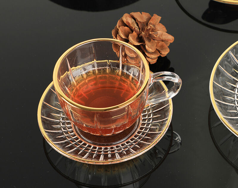 Machine-made high-quality glass coffee cup and saucer set with gold printing