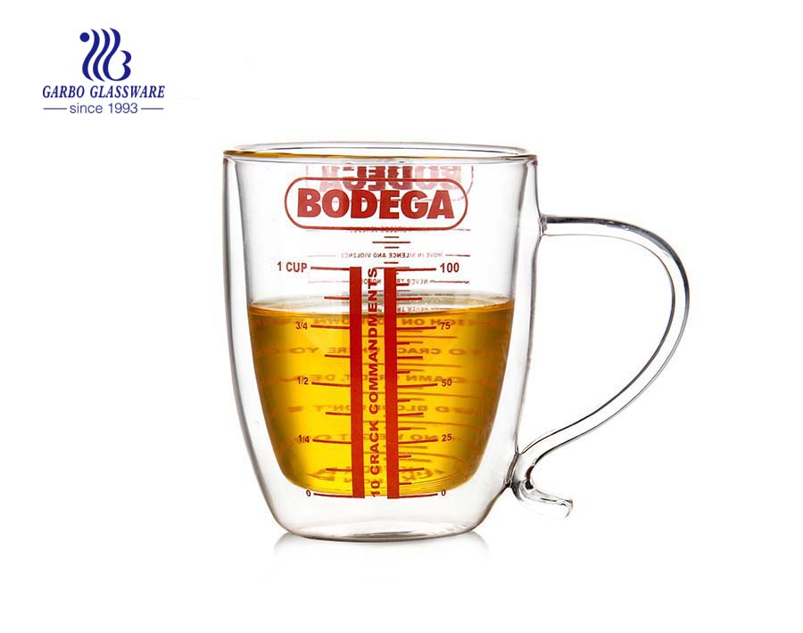 Big capacity heat resistant double wall glass cup with measuring line  Factory China