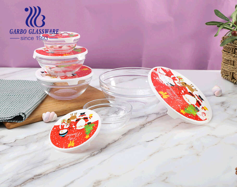Ensemble de saladier en verre 5 pièces design de Noël avec couvercle en  plastique pour le stockage de la salade et des aliments