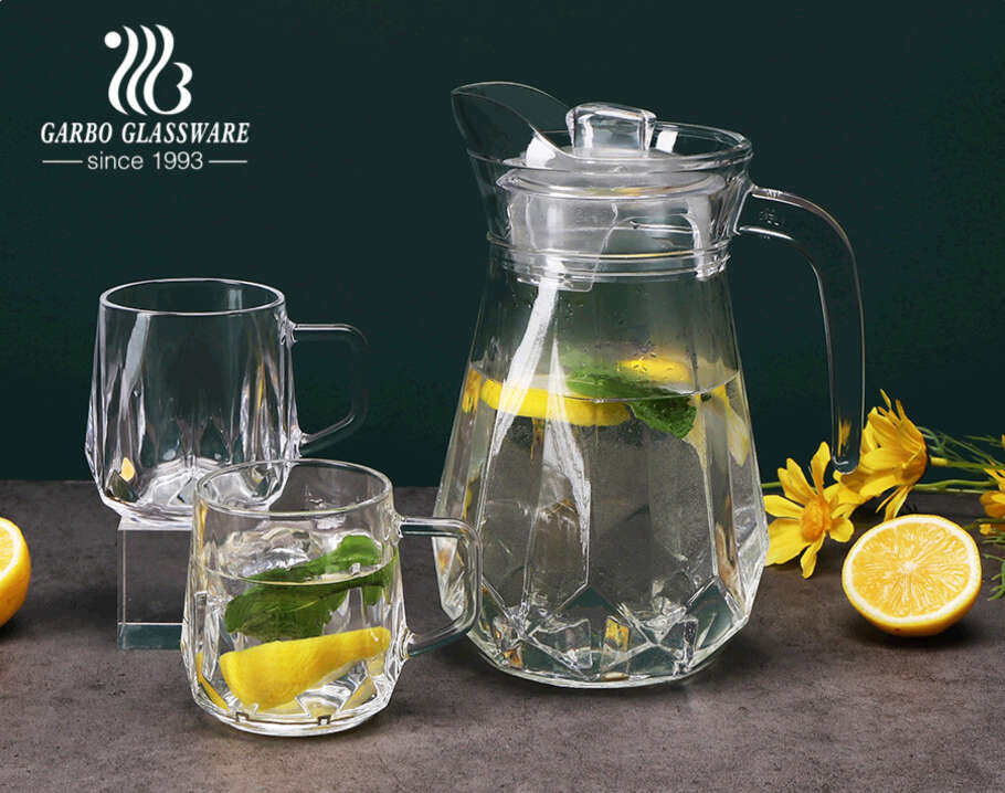 Set di caraffe d'acqua in vetro trasparente con design a diamante grande  Set di 3 brocche in vetro con coperchio in plastica 1 brocca 2 tazze
