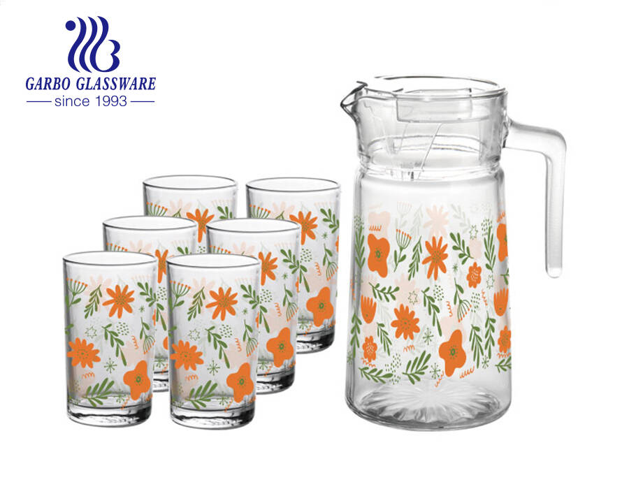 7 pcs glass water set with glass jug and tumbler and nice flower