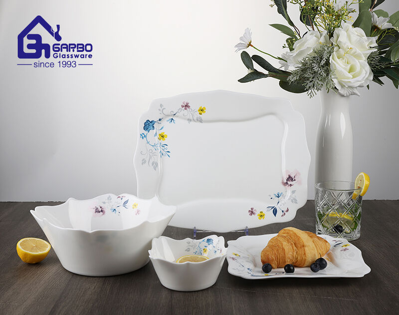 Luxurious Irregular Opal Glass Tableware Set with Exquisite Decal Decor