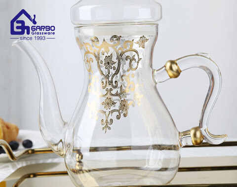 Borosilicate Heat Resistant Glass Tea Pot with Golden Decal Tea Drinking Set