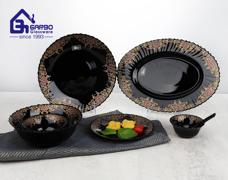 33PCS set black opal glass dinner set with decal design for wholesale