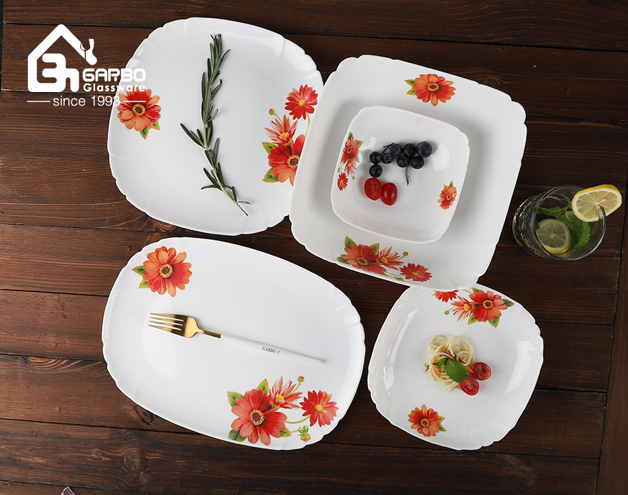 14 inch machine-made white opal glass fish plate with customized red flower decal