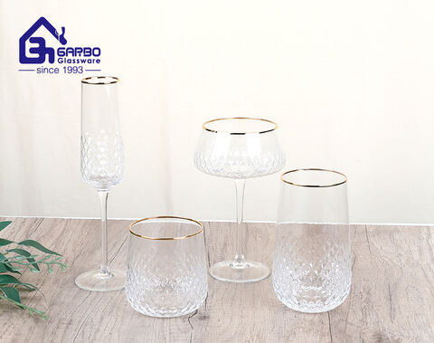 high-end diamond pattern design glass wine cup with gold rim