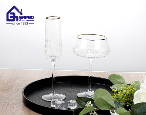 high-end diamond pattern design glass wine cup with gold rim