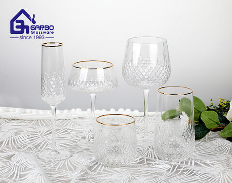 high-end diamond pattern design glass wine cup with gold rim