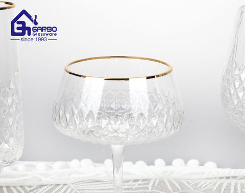 high-end diamond pattern design glass wine cup with gold rim