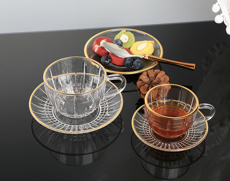 Machine-made high-quality glass coffee cup and saucer set with gold printing