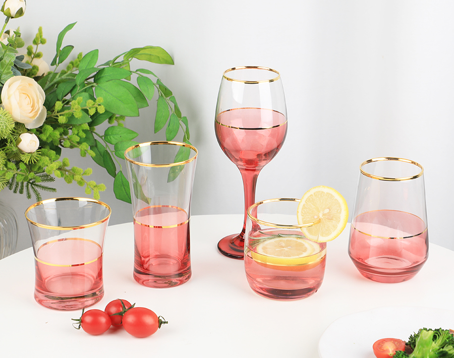 Spraying Color Drinking Glass Cup 420ml Glass Tumbler with Gold Rim