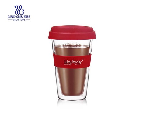 13oz Heat resistant double wall glass cup with silicone sleeve