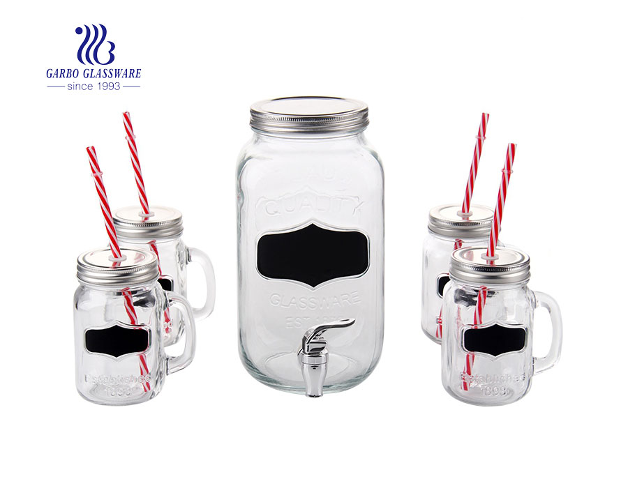 Mason Jar Glass Water Pitcher Set - with 4 Mason Jar Mugs and 1