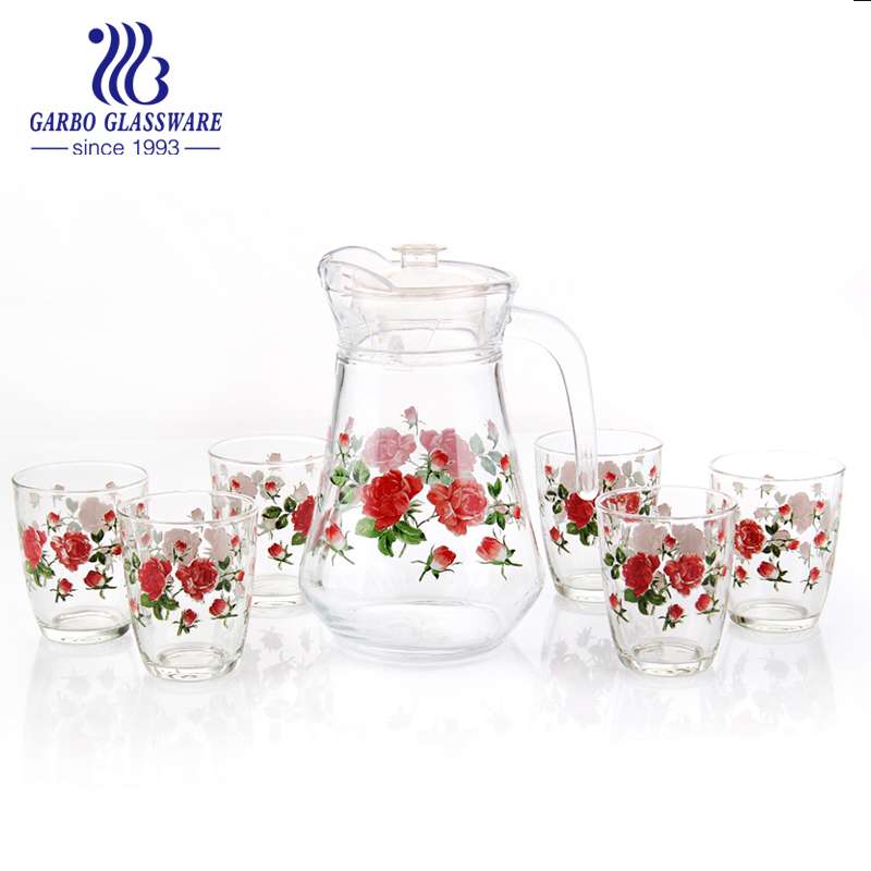 Elegant flower decal design glass pitcher set with tumbler for