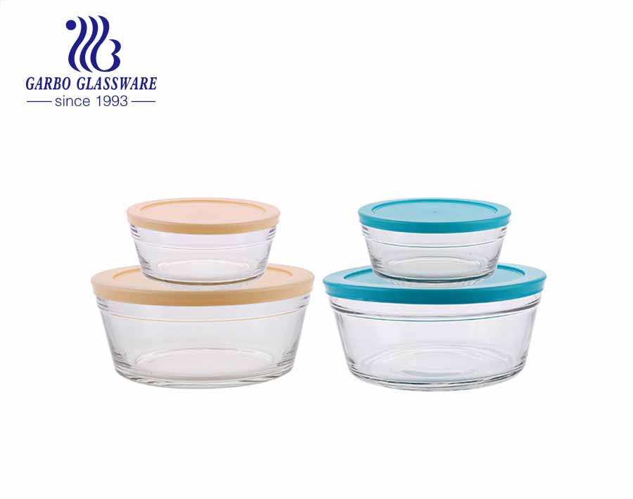 Five pieces glass fruit fresh bowl set food canister with blue lid 1 big  size 4 small size for kitchen