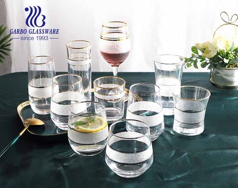 High-quality transparent glass water wine drinking glassware set with  golden silver rim frosted design
