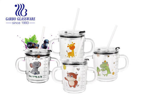 cute decal glass cup with double handles children use milk water