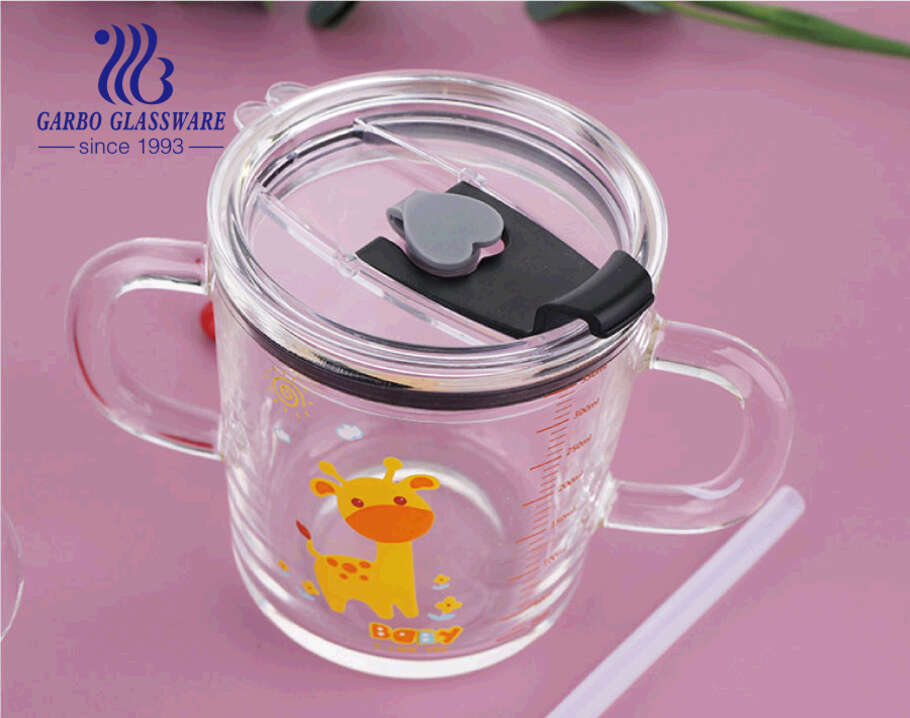 cute decal glass cup with double handles children use milk water glass mugs  with lid and straw manufactory