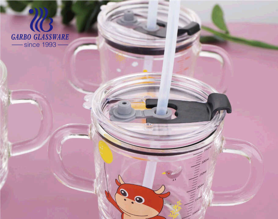 Glass Tumbler Milk Cup with Silicone Straw and Lid Handle for Kids & Adult  Heavy Glass