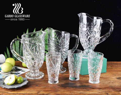 1897 Hand-Painted Glass Pitcher & Glasses Serving Set - Set of 7