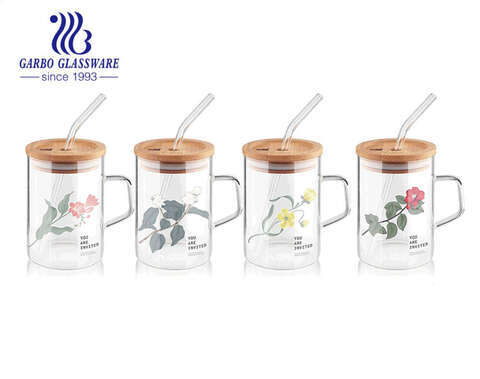 High borosilicate single wall glass cups with handles customized decal  coffee tea cup with lid and straw China
