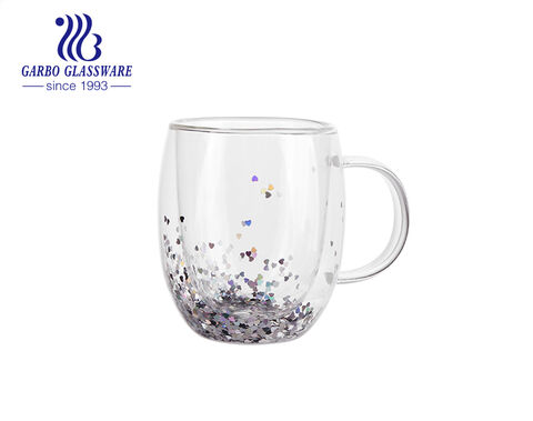 Cute Shape Double Wall Glass Coffee Cup with Nice Decals Designs
