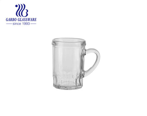 85ml small glass cups with handle IS machine made cheap price glass mug  with design Manufacturer