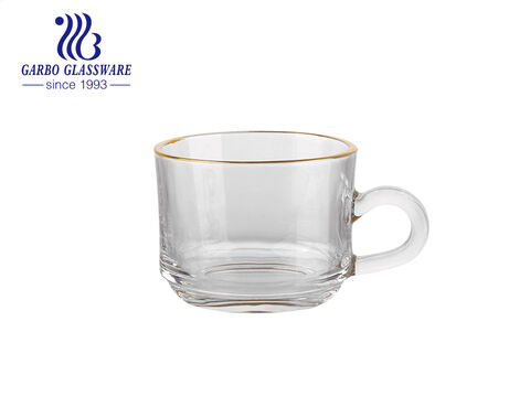 Taza de café de vidrio con borde dorado con revestimiento de iones tazas de  té de vidrio de color gris ámbar con manija fabricación