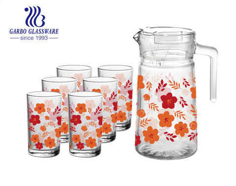 Elegant flower decal design glass pitcher set with tumbler for