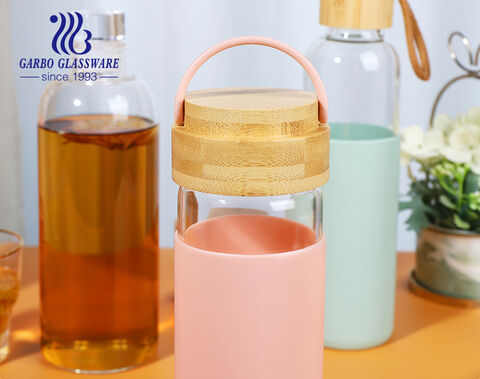  Botella de agua de vidrio de borosilicato, botellas  reutilizables con funda de silicona y tapa de bambú, vaso de vidrio para  deportes al aire libre, portátil, apto para lavavajillas (azul) 