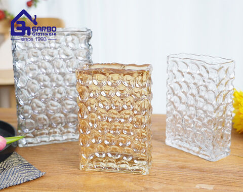 Handmade high-quality rectangular colored ion-plating flower glass vase with engraved design factory in china