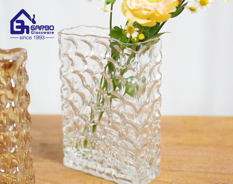 Handmade high-quality rectangular colored ion-plating flower glass vase with engraved design