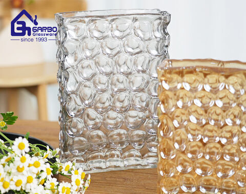 Handmade high-quality rectangular colored ion-plating flower glass vase with engraved design