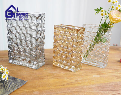 Handmade high-quality rectangular colored ion-plating flower glass vase with engraved design