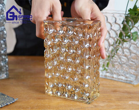 Handmade high-quality rectangular colored ion-plating flower glass vase with engraved design