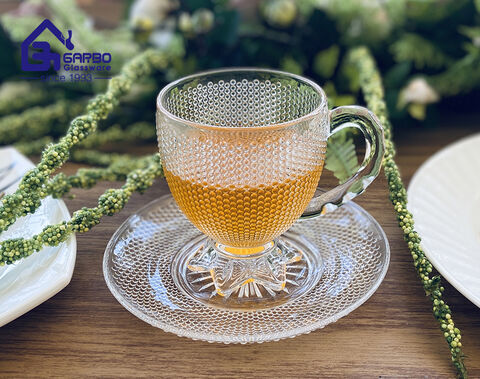  Wholesale supplier engraved design glass tea cup with saucer 