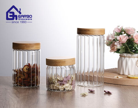 600ml glass storage tanks H line kitchenware storage jar with wooden lid Factory