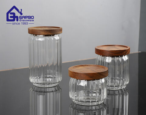 Machine-blown 300ml high borosilicate light round glass storage jar with airtight wooden lid