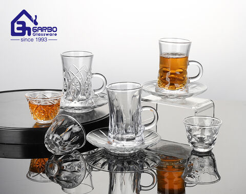 New design high-white Arabic tea glass mug and saucer set with engraved flower design