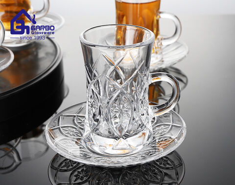 New design high-white Arabic tea glass mug and saucer set with engraved flower design