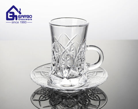 New design high-white Arabic tea glass mug and saucer set with engraved flower design