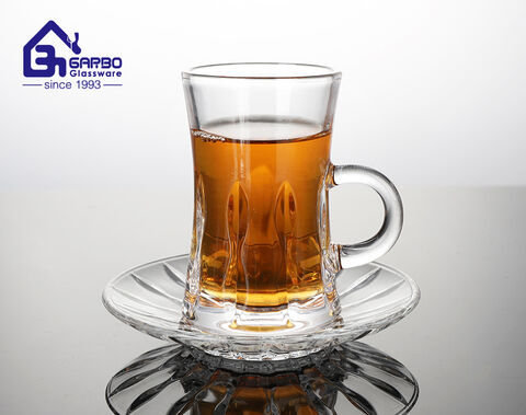 New design high-white Arabic tea glass mug and saucer set with engraved flower design