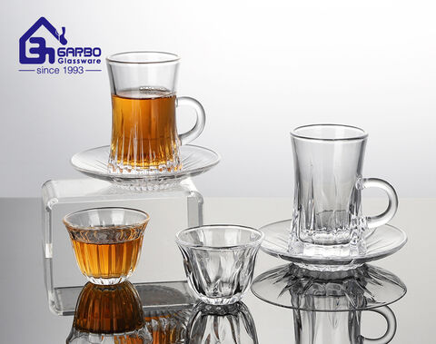 Arabic style high-white 120ml tea glass cup saucer set with engraved pattern