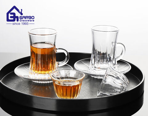 Arabic style high-white 120ml tea glass cup saucer set with engraved pattern